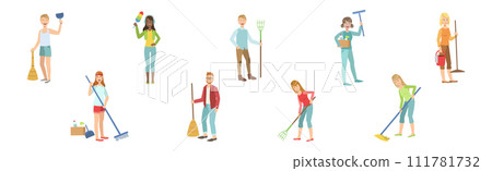 Eco Volunteers Man and Woman Collecting Garbage with Rake Vector Set Eco Volunteers Man and Woman Collecting Garbage with Rake Vector Set 111781732