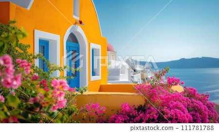 Colorful pretty pink Bougainvillea blooming with white and yellow buildings Colorful pretty pink Bougainvillea blooming with white and yellow buildings 111781788