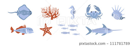 Sea Animals and Marine Creature Floating in Ocean Vector Set 111781789