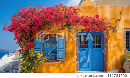Colorful pretty pink Bougainvillea blooming with white and yellow buildings 111781790