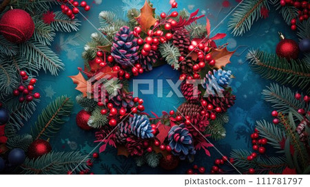 Vintage concept of a red berry holiday wreath on rustic wood 111781797