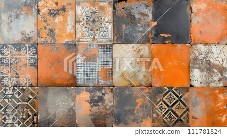 Ornamental wall tile pattern with orange and blue autumn colors. Oriental or North African style texture 111781824