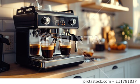 Modern coffee machine pouring milk into glass cup on countertop in kitchen Modern coffee machine pouring milk into glass cup on countertop in kitchen 111781837