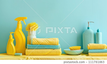 Cleaning set for different surfaces in kitchen, bathroom and other rooms. Empty place for text or logo. Bright yellow background. Spring regular cleanup. Front view. Cleaning set for different surfaces in kitchen, bathroom and other rooms. Empty place for text or logo. Bright yellow background. Spring regular cleanup. Front view. 111781863