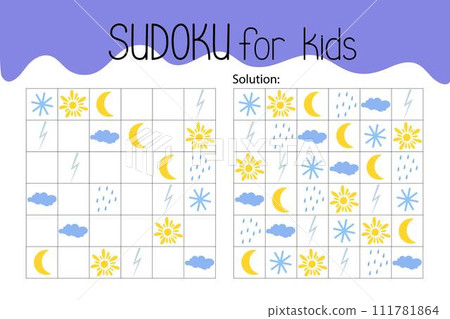 Weather sudoku educational game leisure activity worksheet vector illustration, printable grid to fill in missing images, nature environment topical vocabulary, puzzle with solution, teacher resource 111781864