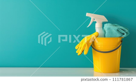Cleaning set for different surfaces in kitchen, bathroom and other rooms. Empty place for text or logo. Bright yellow background. Spring regular cleanup. Front view. 111781867