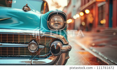 Classic american car from the fifties Low angle view showing cyan paint and chrome fender and grill 111781872