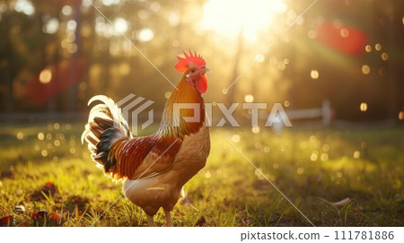 Beautiful Rooster standing on the grass in blurred nature green background. rooster going to crow 111781886