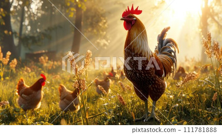 Beautiful Rooster standing on the grass in blurred nature green background. rooster going to crow 111781888