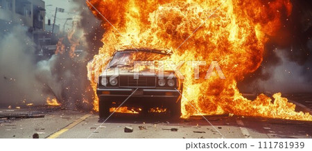 Car burning in flames causing a lot of smoke of burning car 111781939