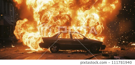 Car burning in flames causing a lot of smoke of burning car 111781940