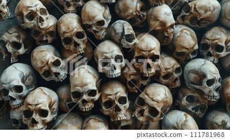 Pile Of Skull And Bone, On Black Background, scary crime concept, still life style 111781968