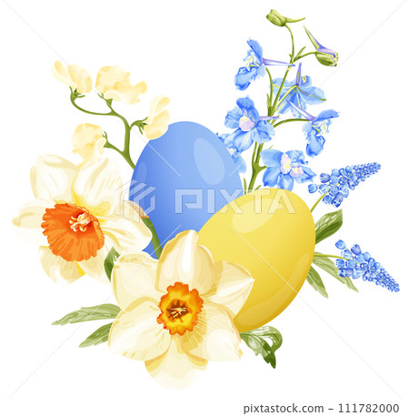 Spring bouquet with narcissus, blue hyacinth, delphinium, sweet pea and Easter eggs. Spring bouquet with narcissus, blue hyacinth, delphinium, sweet pea and Easter eggs. 111782000