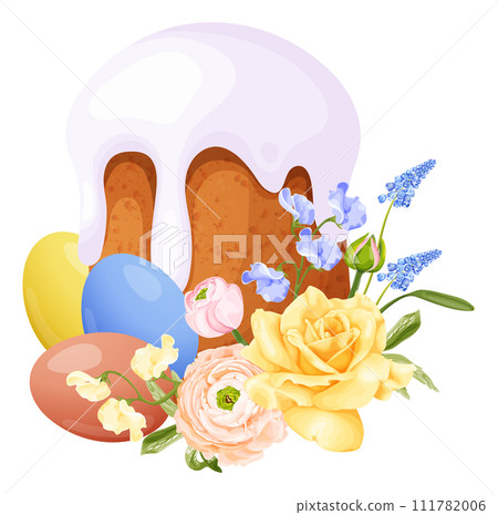 Spring composition with traditional Easter cake and eggs, rose, ranunculus, hyacinth and sweet pea flowers. Spring composition with traditional Easter cake and eggs, rose, ranunculus, hyacinth and sweet pea flowers. 111782006