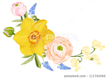 Spring bouquet with pink ranunculus, narcissus, blue hyacinth and sweet pea. Spring bouquet with pink ranunculus, narcissus, blue hyacinth and sweet pea. 111782008