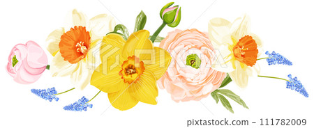 Spring bouquet with pink ranunculus, narcissus and blue hyacinth. Spring bouquet with pink ranunculus, narcissus and blue hyacinth. 111782009
