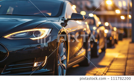 Car parked at outdoor parking lot. Used car for sale and rental service. Car insurance background. Automobile parking area. Car dealership and dealer agent concept. Automotive industry. Generative AI. 111782200