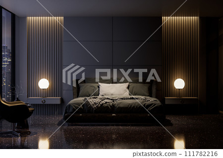 Modern style luxury black master bedroom with city view in the night 3d render 111782216