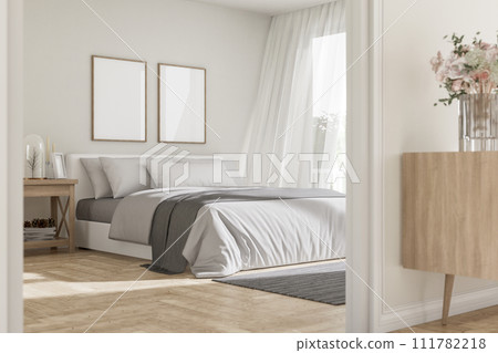 Modern contemporary cozy white bedroom view from outside the room through the door 3d render Modern contemporary cozy white bedroom view from outside the room through the door 3d render 111782218