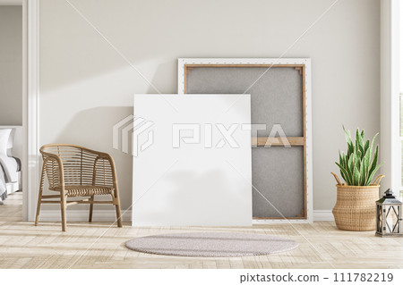 Blank canvas frame lay on the floor and leaned against the wall in the living room 3d render 111782219