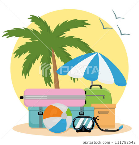Summer landscape travel. Suitcases on the background of a palm tree in the cartoon style. 111782542