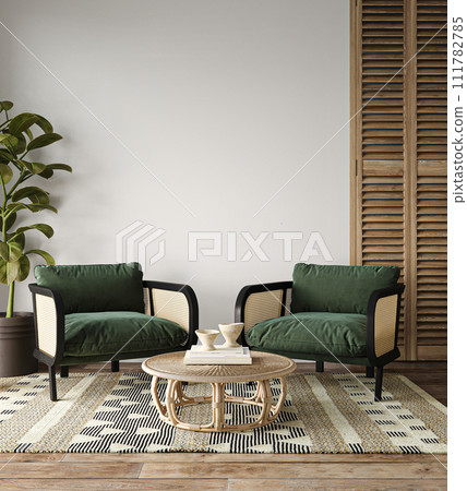 Modern living room interior with comfortable armchairs and geometric rug Modern living room interior with comfortable armchairs and geometric rug 111782785