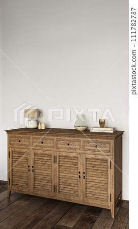 Rustic wooden sideboard decor in a minimalist white room Rustic wooden sideboard decor in a minimalist white room 111782787