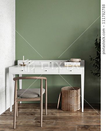 Minimalist home office with white desk and vintage wooden chair Minimalist home office with white desk and vintage wooden chair 111782788