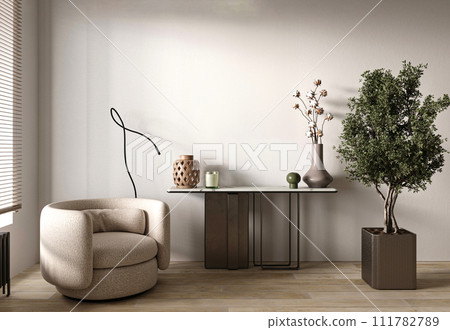 Cozy minimalist living space with modern art and natural accents Cozy minimalist living space with modern art and natural accents 111782789