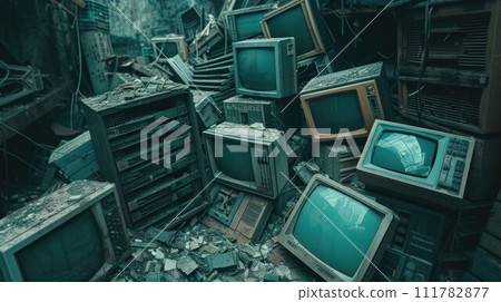Pile of electronic, computers, monitors garbage in room from recycle industry, used electronic waste Pile of electronic, computers, monitors garbage in room from recycle industry, used electronic waste 111782877