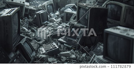 Pile of electronic, computers, monitors garbage in room from recycle industry, used electronic waste Pile of electronic, computers, monitors garbage in room from recycle industry, used electronic waste 111782879