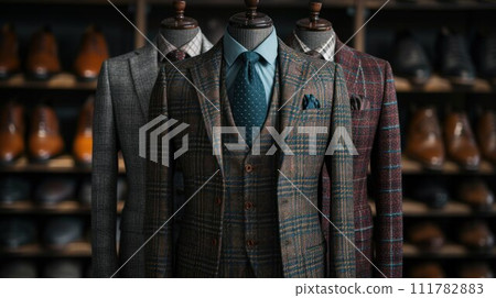 Men mannequin elegant clothing showcase in shop Men mannequin elegant clothing showcase in shop 111782883