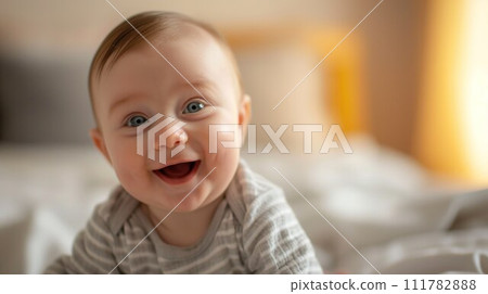 Portrait of a crawling baby on the bed in her room 111782888