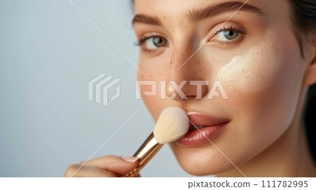 Closeup portrait of a woman applying dry cosmetic tonal foundation on the face using makeup brush 111782995