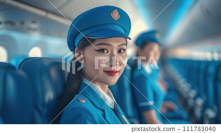Cabin crew or air hostess working in airplane. Airline transportation and tourism concept 111783040