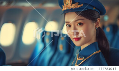 Cabin crew or air hostess working in airplane. Airline transportation and tourism concept 111783041