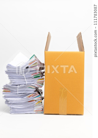 Stack of Documents and corrugated cardboard box isolated on white background. 111783087