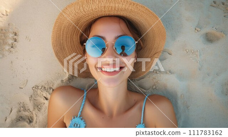 Happy girl taking selfie in summer beach vacation smiling of fun on tropical Caribbean holidays 111783162