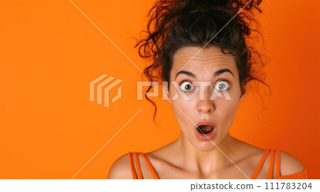 Portrait of attractive amazed girl sudden incredible news reaction wow isolated over bright orange color background 111783204