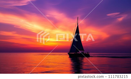 Yacht sailing against sunset. Holiday lifestyle landscape with skyline sailboat. Yachting tourism - maritime evening walk. Romantic trip on luxury yacht during the sea sunset Yacht sailing against sunset. Holiday lifestyle landscape with skyline sailboat. Yachting tourism - maritime evening walk. Romantic trip on luxury yacht during the sea sunset 111783215