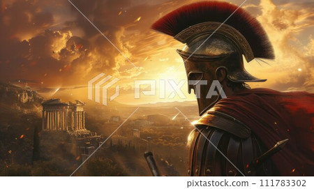 Spartan soldier with stunning muscular torso standing in front of town 111783302