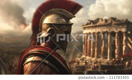 Spartan soldier with stunning muscular torso standing in front of town 111783303