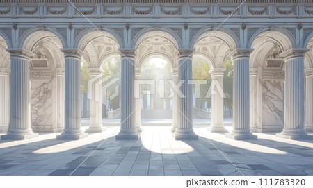 Arcade and a corridor of white columns. A passage of marble columns. Background with perspective going into distance 111783320
