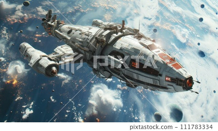 Alien spaceship hovered motionless in space against the background of the earth. alien invasion, spacecraft of the humanoids 111783334