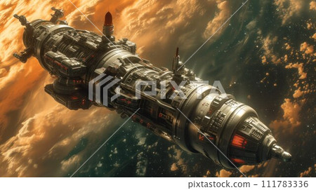 Alien spaceship hovered motionless in space against the background of the earth. alien invasion, spacecraft of the humanoids 111783336