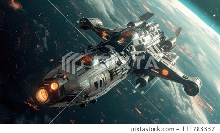 Alien spaceship hovered motionless in space against the background of the earth. alien invasion, spacecraft of the humanoids 111783337