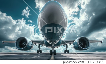 Front view of wide body passenger airplane on bright background with sky 111783345