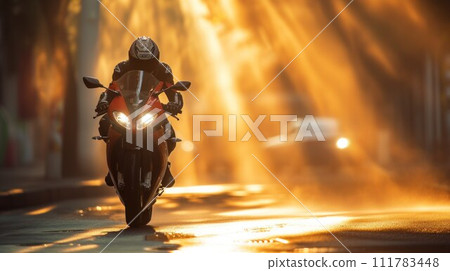 Motorcycle driver is driving on the road in the beauty of nature. Front view. Safety concept 111783448