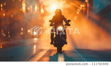 Motorcycle driver is driving on the road in the beauty of nature. Front view. Safety concept 111783449