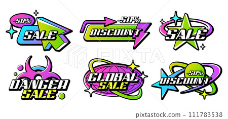 Retro colorful Y2K logo with acid gradient colorful slogan and abstract elements 111783538